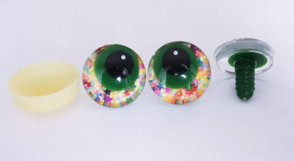 yellow disc color 25mm 3D offcentre eyes green pupil with print white dot  toy eyes with sinker washer -S9