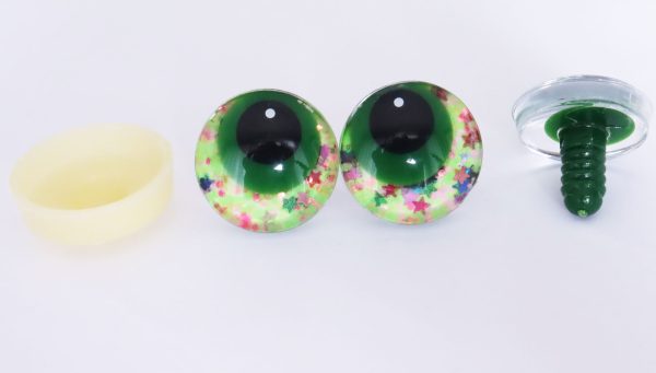Lemon disc color 25mm 3D offcentre eyes green pupil with print white dot  toy eyes with sinker washer -S9