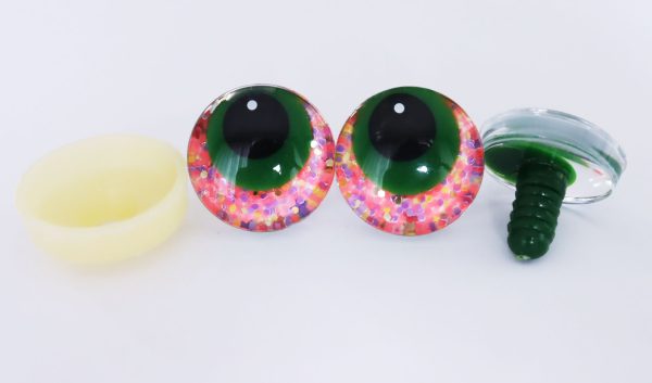 pink disc color 25mm 3D offcentre eyes green pupil with print white dot  toy eyes with sinker washer -S9