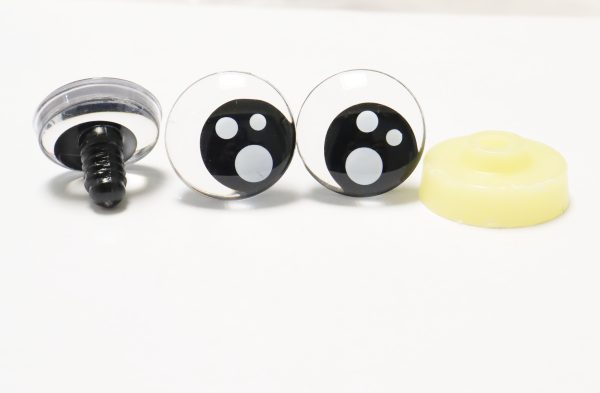 25mm clear 3D offcentre black pupil eyes with 3 white dot with sinker hard washer