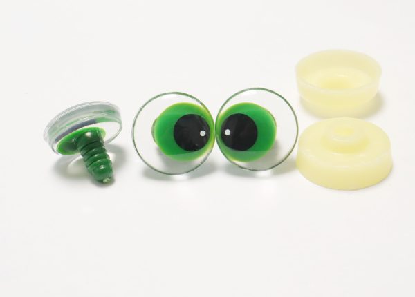 25mm clear 3D offcentre green  pupil toy eyes with one black white  dot with sinker hard washer