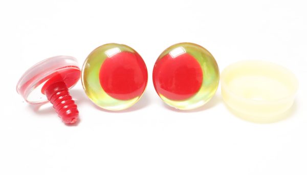 D12-yellow green disc 3D offcentre eyes red pupil clear toy eyes with sinker washer  14mm-35mm option  for craft doll