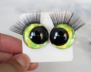 D12-yellow green color disc 3D offcentre eyes black pupil  toy eyes with sinker washerwith eyelash tray 12mm-40mm option  for craft doll