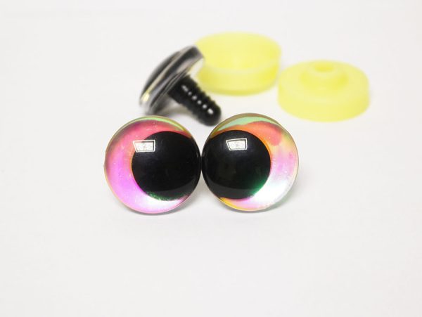 pink color Holographic disc 3D offcentre eyes black pupil clear toy eyes with sinker washer  12mm-40mm option  for craft doll -hc10